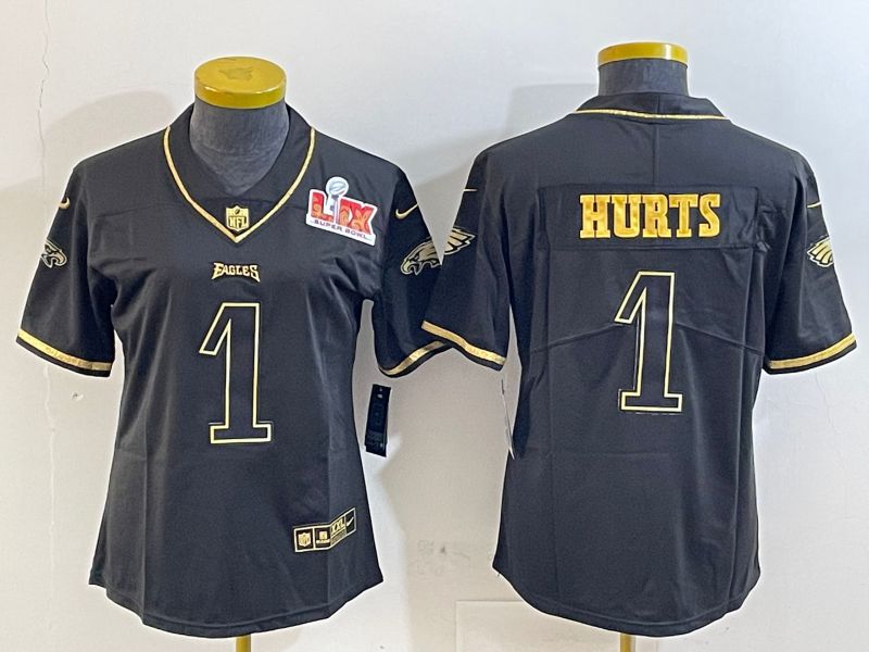 Youth Philadelphia Eagles #1 Hurts Black gold 2025 Nike Vapor Limited NFL Jersey style 2